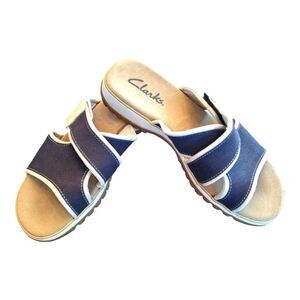 Clarks Shoes Comfort Sandals Blue Canvas Hyannis Slide On Beach Women's Size 8M